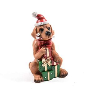 Pes sedící s dárky polyresinový hnědý 18cm