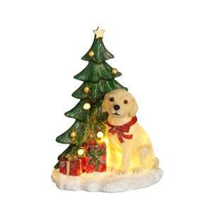 Pes u vánočního stromku polyresinový s LED na baterie 16cm