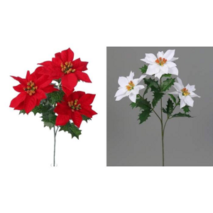 Poinsettia řezaná umělá se 3 květy bílá/červená mix 53cm