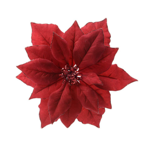 Poinsettia umělý sametový květ na klipu červený 24cm