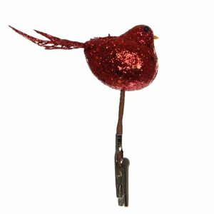 Pták na klipu pěna s glitry 14cm červená