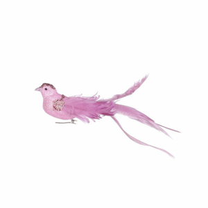Pták na klipu pěnový s peřím a glitry růžový 23cm