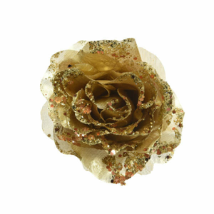 Růže květ umělá na klipu látka s glitry zlatá 14cm