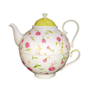 Šálek a čajová konvice dekor luční květy porcelán bílo-růžová 0,7 litru