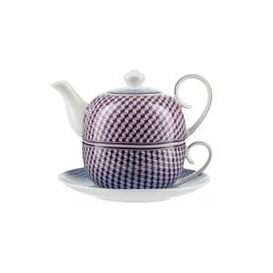 Šálek a čajová konvice IGLOO dekor kostky porcelán bílo/fialová