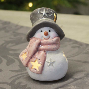 Sněhulák svíticí s kloboukem a růžovou šálou keramika 10cm
