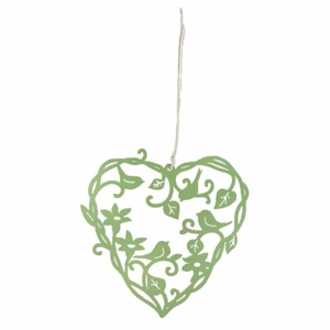 Srdce kovové s květy a ptáky 11 cm zelená