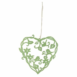 Srdce kovové s květy a ptáky 15 cm zelená
