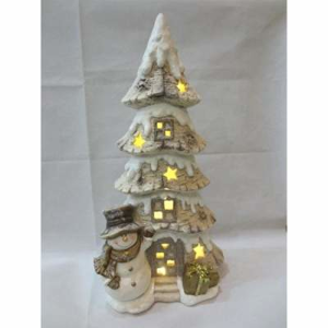 Stromek svíticí se sněhulákem LED keramika hnědo-bílá 64cm