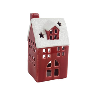 Svícen keramický na čajovku dům s hvězdami bílo-červený 12cm