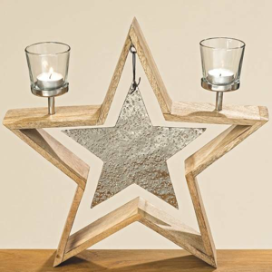Svícen na čajovku dřevěná hvězda KASY 2 svíčky 37cm