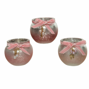 Svícen na čajovku skleněný koule dekor perly mix růžová 8cm