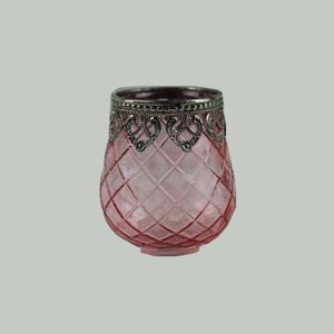 Svícen na čajovku skleněný s ornamenty a kovovým lemem 11cm růžový