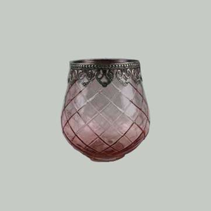 Svícen na čajovku skleněný s ornamenty a kovovým lemem 14cm růžový