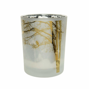 Svícen na čajovku válec dekor strom a pták sklo bílo-zlatá 12,5cm