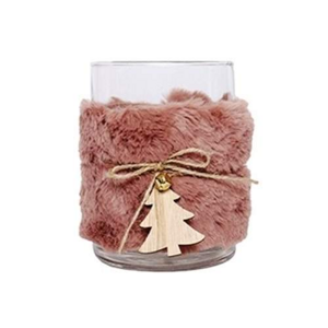 Svícen skleněný na čajovou svíčku s plyšem a stromkem růžová 13cm