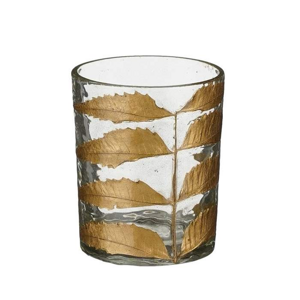 Svícen válcový skleněný na čajovku s listy zlato-čirý 10cm