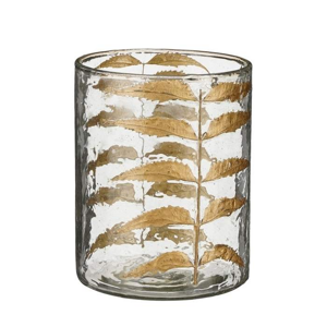Svícen válcový skleněný na čajovku s listy zlato-čirý 15cm