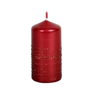 Svíčka válcová ANDROMEDA metalická s pruhy glitrů červená 10cm