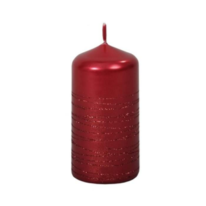 Svíčka válcová ANDROMEDA metalická s pruhy glitrů červená 13cm