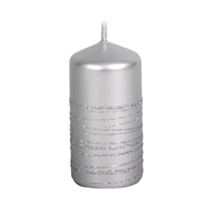 Svíčka válcová ANDROMEDA metalická s pruhy glitrů stříbrná 8cm