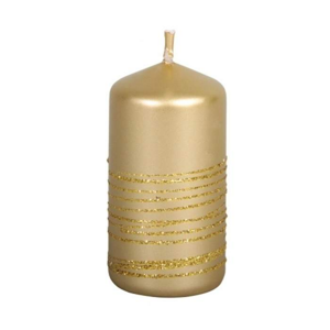 Svíčka válcová ANDROMEDA metalická s pruhy glitrů zlatá 10cm