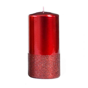 Svíčka válcová PRINCE metalická s  glitrovým pruhem červená 14cm