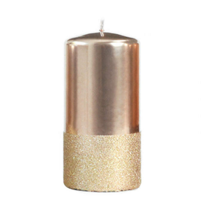 Svíčka válcová PRINCE metalická s  glitrovým pruhem zlato-růžová 14cm