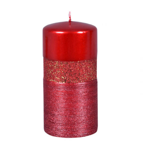 Svíčka válcová QUEEN EVO metalická drápaná s glitry červená 14cm