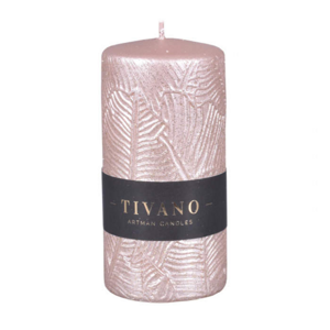 Svíčka válcová TIVANO reliéf listu zlato-růžová 14cm