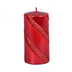 Svíčka válcová VELLA metalická šikmé pruhy s glitry červená 14cm