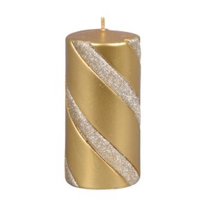 Svíčka válcová VELLA metalická šikmé pruhy s glitry zlatá 14cm