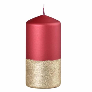 Svíčka válcová dvojbarevná s glitry červeno-zlatá 12cm