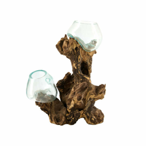 Váza atyp pár podstavec z kořene sklo/dřevo přírodní 30cm