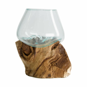 Váza atyp podstavec z kořene sklo/dřevo přírodní 18cm
