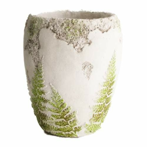 Váza kulatá dekor kapradí cement bílo-zelená 20,5cm