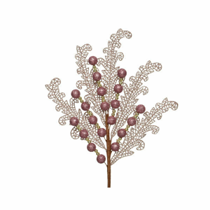 Větev listy s kuličkami umělá s glitry růžová 58cm